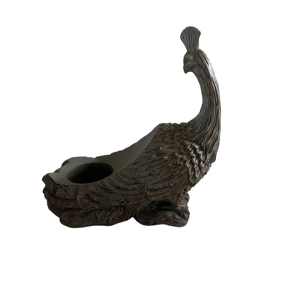 Vintage Style Peacock Tealight Candle Holder Gray Tone Wooden Figurine